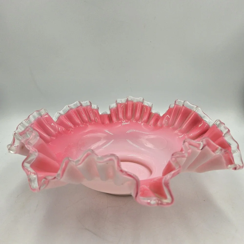 VTG Fenton Peach Crest Pink Cased Milk Glass Ruffled Brides Bowl Clear Edge A+